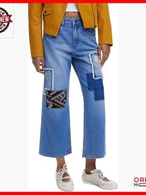 Denim Patchwork Jeans, Straight Leg Fit, High Rise